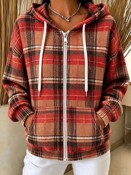 Women Plaid Long Sleeve Hoodie Vintage Spring/Fall Jacket Outerwear