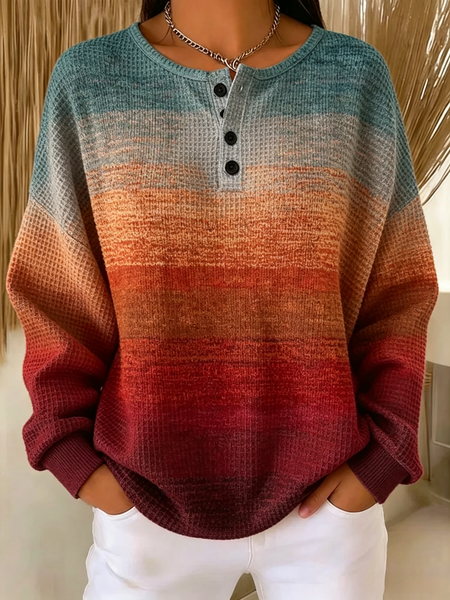 Women Ombre Henley Collar Casual Spring/Fall Long Sleeve Sweatshirt