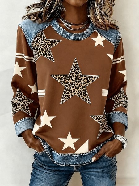 Women Star Crew Neck Printing Casual Spring/Fall Long Sleeve Sweatshirt