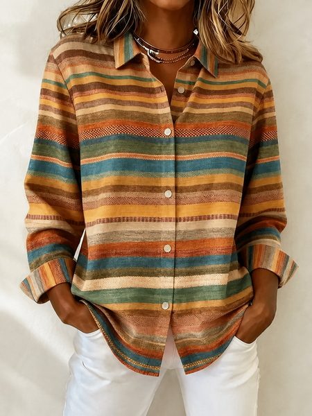 Women Abstract Stripes Shirt Collar Long Sleeve Shirt Printing Vintage Daily Spring/Fall Top