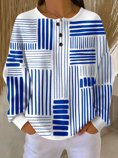 Women Abstract Stripes Henley Collar Casual Spring/Fall Long Sleeve Sweatshirt