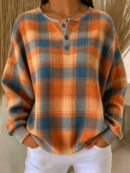 Women Plaid Crew Neck Printing Casual Spring/Fall Long Sleeve Sweatshirt