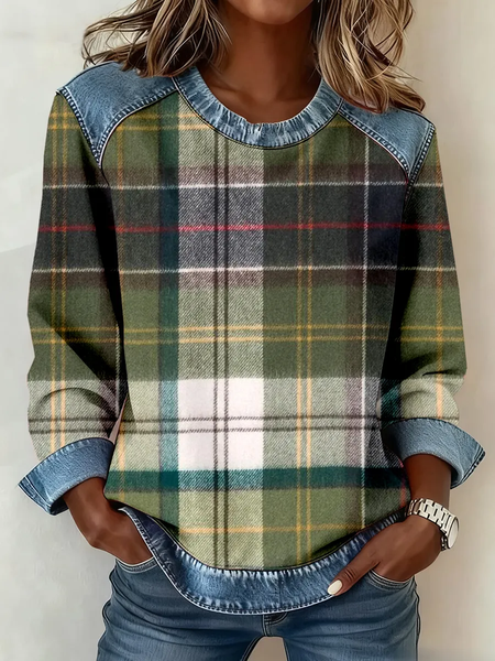 Women Plaid Crew Neck Printing Vintage Spring/Fall Long Sleeve Sweatshirt