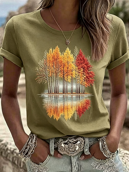 Women Maple Leaf Short Sleeve Tee T-shirt Crew Neck Printing Casual Graphic Tee Summer Top