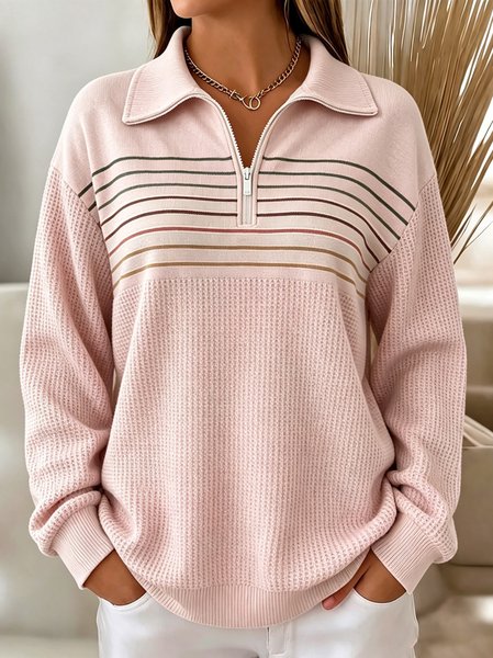 Women Striped Half Open Collar Vintage Spring/Fall Long Sleeve Sweatshirt