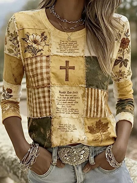 Women Floral Long Sleeve Tee T-shirt Crew Neck Printing Casual Spring/Fall Top