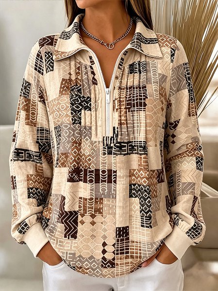 Women Geometric Half Open Collar Vintage Spring/Fall Long Sleeve Sweatshirt