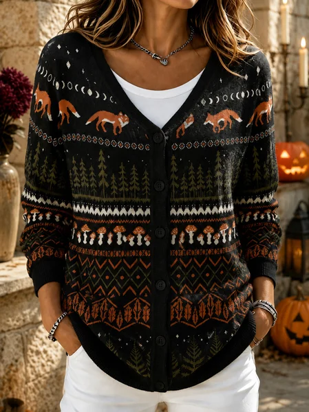 Women Animal Long Sleeve V Neck Casual Spring/Fall Cardigan Outerwear