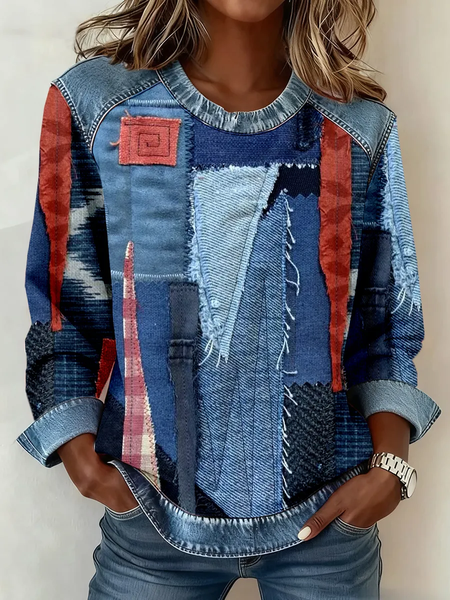 Women Abstract Crew Neck Printing Vintage Spring/Fall Long Sleeve Sweatshirt