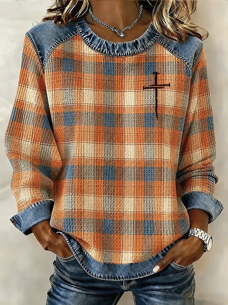 Women Plaid Crew Neck Casual Spring/Fall Long Sleeve Sweatshirt