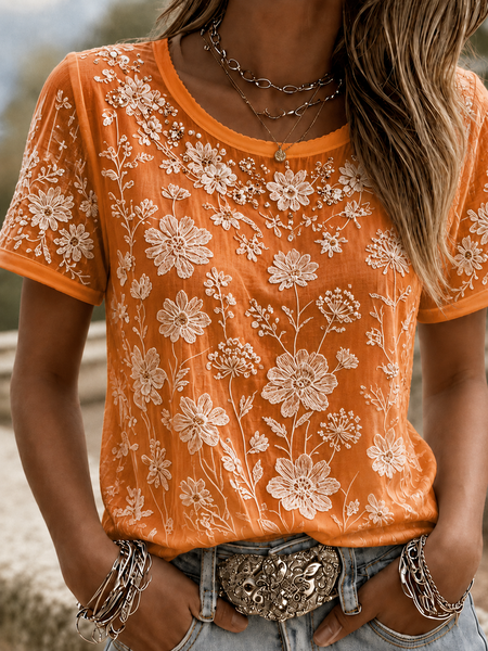 Women Floral Short Sleeve Tee T-shirt Crew Neck Printing Casual Summer Top