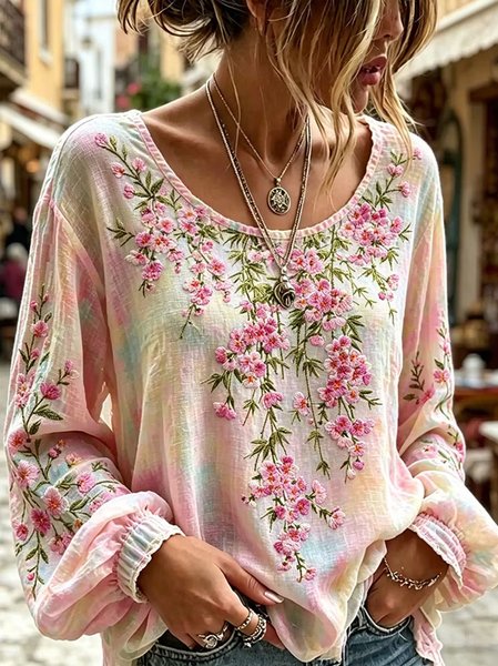 Women Floral Crew Neck Long Sleeve Blouse Printing Casual Daily Spring/Fall Top