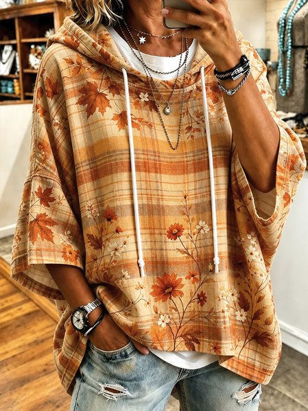 Women Floral Half Sleeve Casual Daily Spring/Fall Hoodie