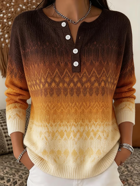 Women Ethnic Henley Collar Printing Vintage Spring/Fall Long Sleeve Sweatshirt