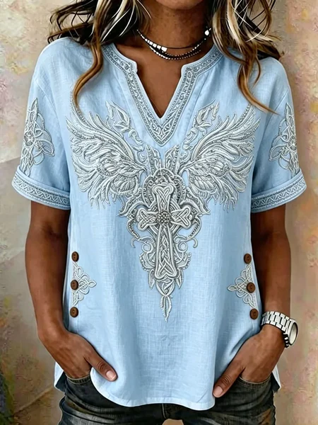 Women Abstract Short Sleeve Tee T-shirt V Neck Printing Casual Summer Top