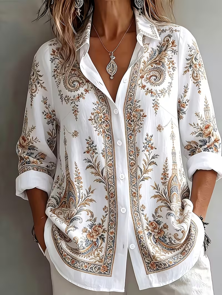 Women Floral Shirt Collar Long Sleeve Shirt Buckle Regular Sleeve Casual Daily Spring/Fall Top