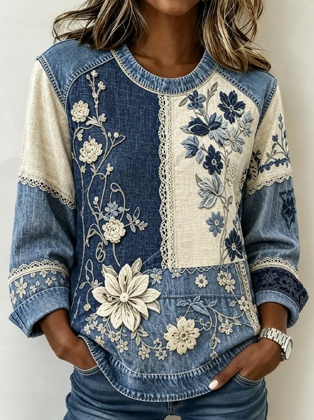 Women Floral Crew Neck Casual Spring/Fall Long Sleeve Sweatshirt