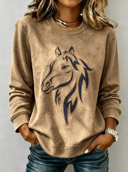 Women Horse Crew Neck Casual Spring/Fall Long Sleeve Sweatshirt