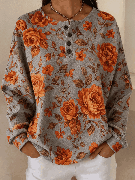 Women Floral Henley Collar Casual Spring/Fall Long Sleeve Sweatshirt