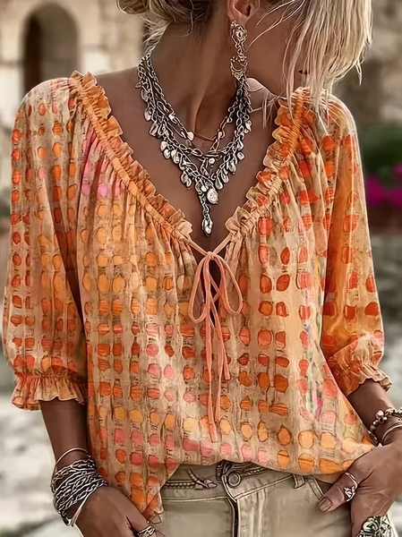 Women Abstract V Neck Half Sleeve Blouse Printing Casual Daily Summer Top