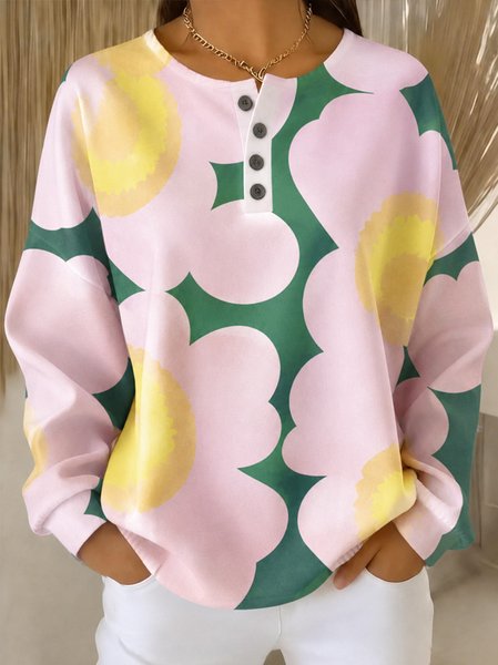Women Floral Henley Collar Casual Spring/Fall Long Sleeve Sweatshirt