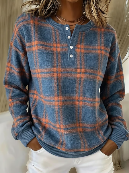 Women Plaid Crew Neck Printing Casual Spring/Fall Long Sleeve Sweatshirt