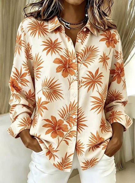Women Floral Shirt Collar Long Sleeve Shirt Printing Vintage Daily Spring/Fall Top