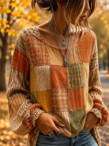 Women Geometric Crew Neck Long Sleeve Blouse Printing Vintage Daily Spring/Fall Top