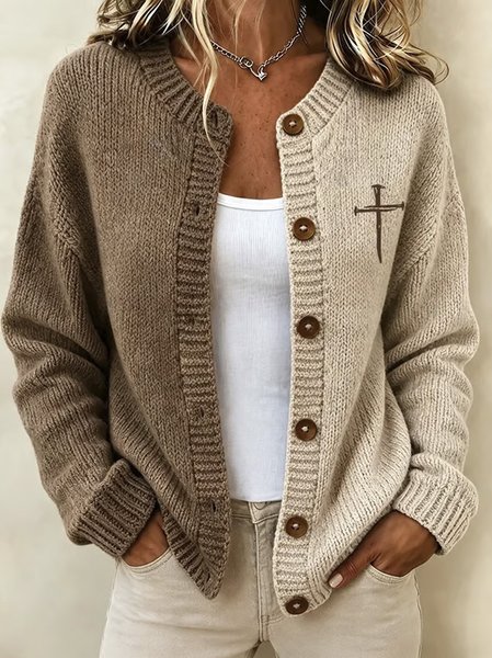 Women Color Block Long Sleeve Crew Neck Casual Spring/Fall Cardigan Outerwear