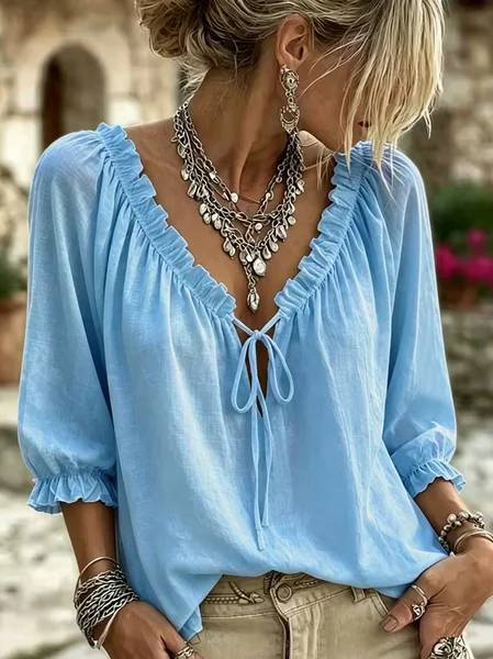 Women Plain V Neck Half Sleeve Blouse Drawstring Casual Daily Summer Top