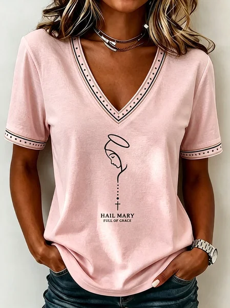 Women Geometric Short Sleeve Tee T-shirt V Neck Casual Summer Top