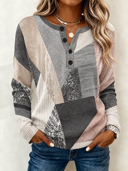 Women Geometric Long Sleeve Tee T-shirt Henley Collar Casual Spring/Fall Top