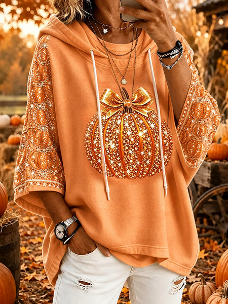 Women Halloween (pumpkin) Printing Half Sleeve Casual Daily Spring/Fall Hoodie