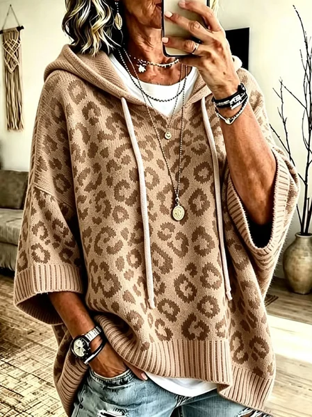 Women Leopard Half Sleeve Casual Daily Spring/Fall Hoodie