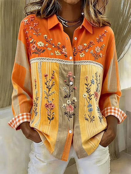 Women Floral Shirt Collar Long Sleeve Shirt Buckle Regular Sleeve Casual Daily Spring/Fall Top