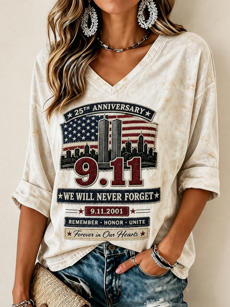 Women Text Letters Long Sleeve Tee T-shirt V Neck Casual Spring/Fall Top