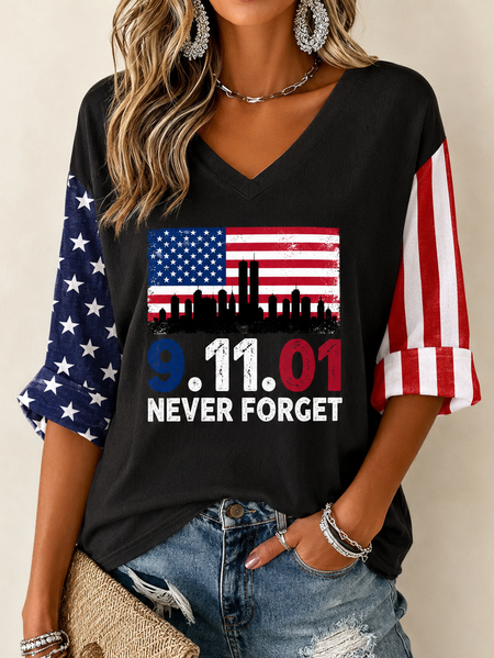 Women Text Letters Long Sleeve Tee T-shirt V Neck Casual Spring/Fall Top