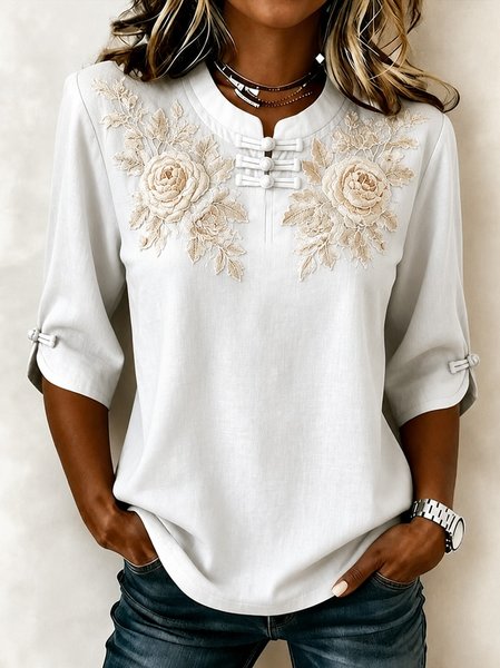 Women Floral Mandarin Collar Half Sleeve Blouse Printing Simple Daily Summer Top