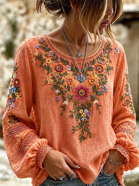 Women Floral Crew Neck Long Sleeve Blouse Printing Casual Daily Spring/Fall Top