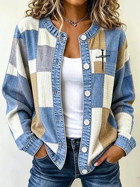 Women Color Block Long Sleeve Vintage Spring/Fall Jacket Outerwear