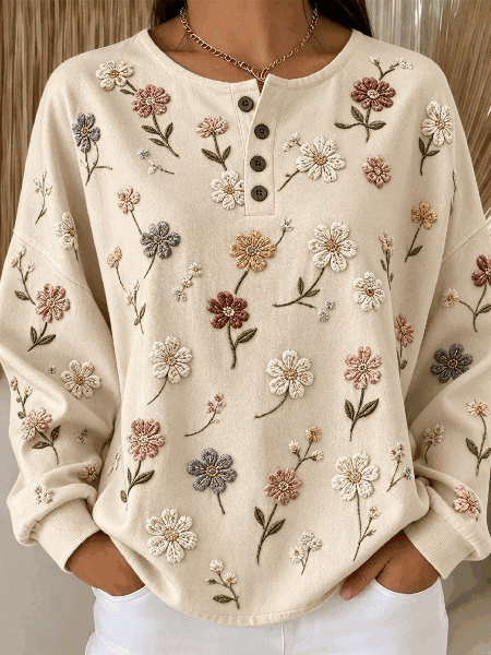 Women Floral Henley Collar Casual Spring/Fall Long Sleeve Sweatshirt