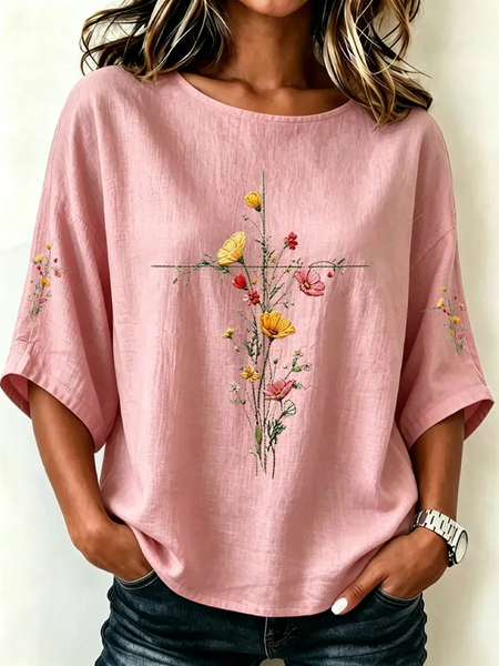 Women Floral Crew Neck Half Sleeve Blouse Printing Vintage Daily Summer Top