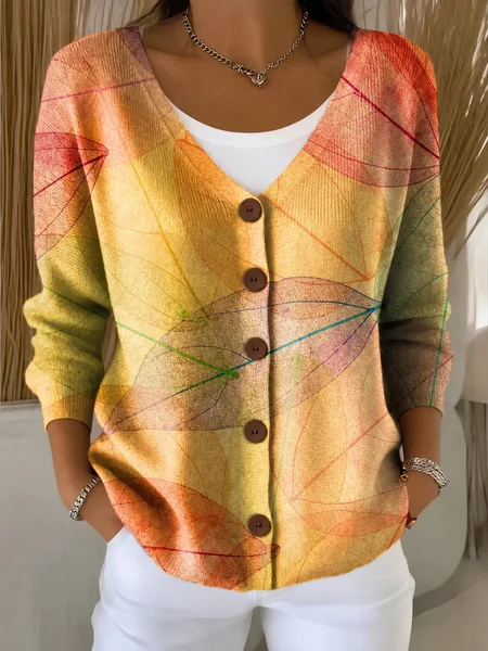 Elegant Leaf Regular Fit V Neck Knit Top
