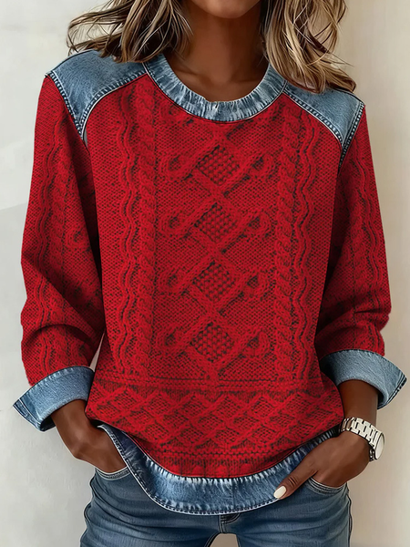 Women Abstract Crew Neck Printing Vintage Spring/Fall Long Sleeve Sweatshirt