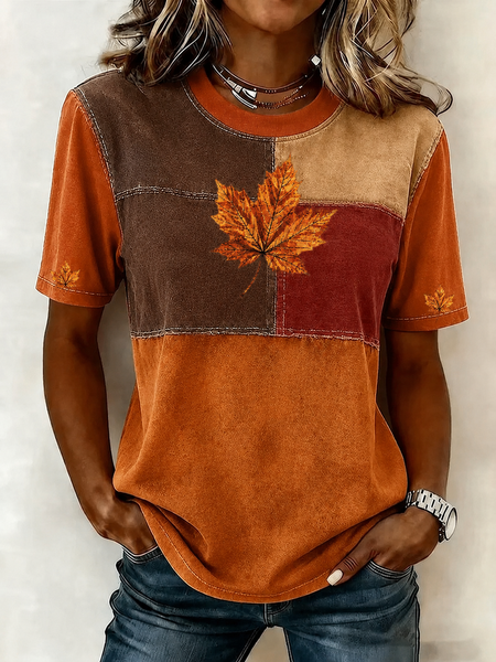Women Maple Leaf Short Sleeve Tee T-shirt Crew Neck Casual Summer Top