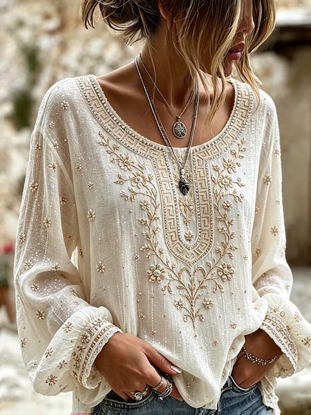 Women Geometric Crew Neck Long Sleeve Blouse Printing Casual Daily Spring/Fall Top