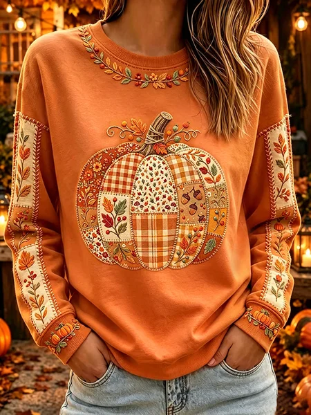 Women Maple Leaf Crew Neck Printing Casual Spring/Fall Long Sleeve Sweatshirt