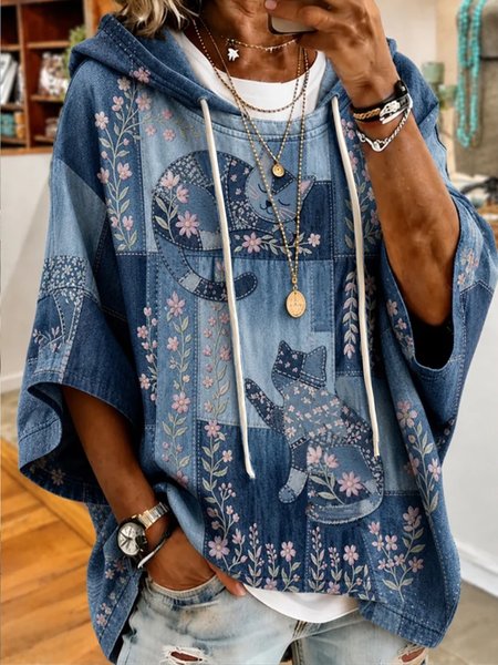 Women Floral Half Sleeve Casual Daily Spring/Fall Hoodie