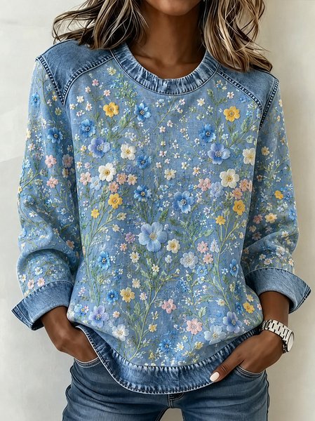 Women Floral Crew Neck Casual Spring/Fall Long Sleeve Sweatshirt