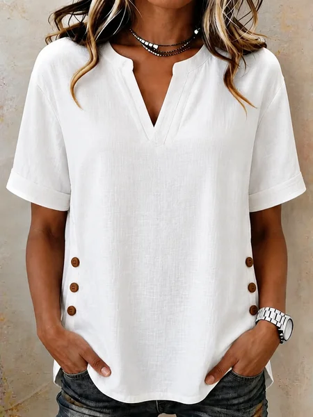 Women Plain Short Sleeve Tee T-shirt V Neck Printing Casual Summer Top